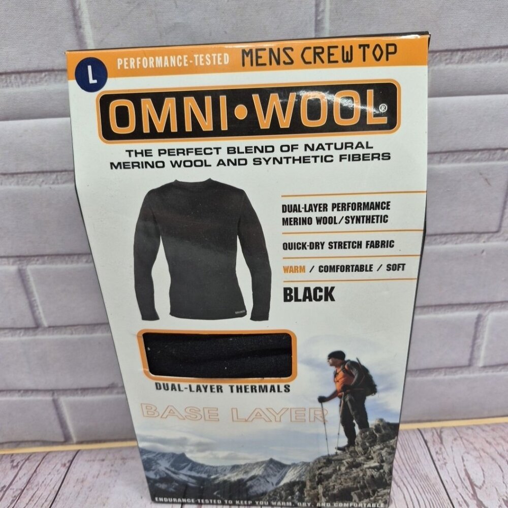 Omni Wool Men's Black Base Layer Zip Long Sleeve Top Shirt Thermal Size Lrg NIB